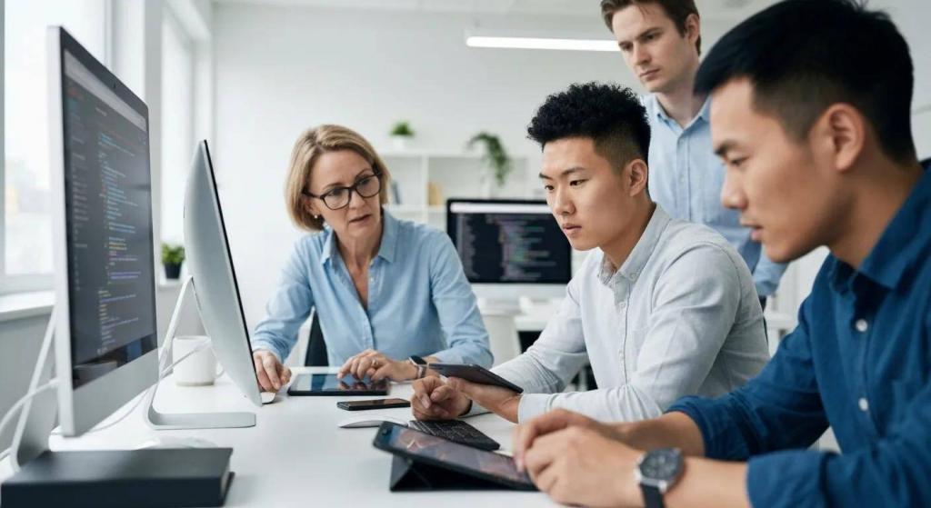 A diverse group of professionals collaborating on responsive web design across various devices in a modern office setting