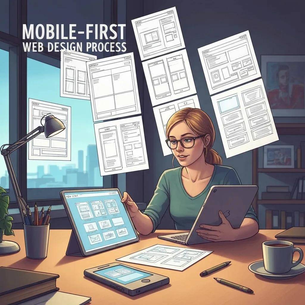 A designer sketching out mobile-first web design concepts on a tablet, surrounded by design tools