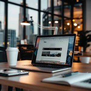 Fast-loading WordPress website on a laptop in a busy office setting