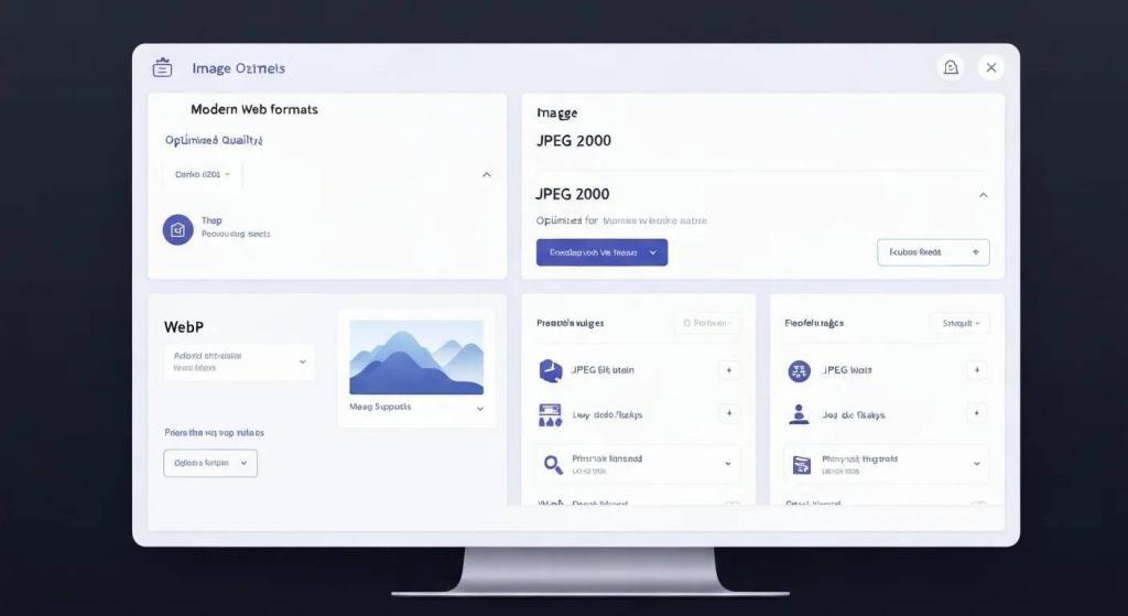 A computer screen displaying various image optimization tools and modern web formats for enhanced performance