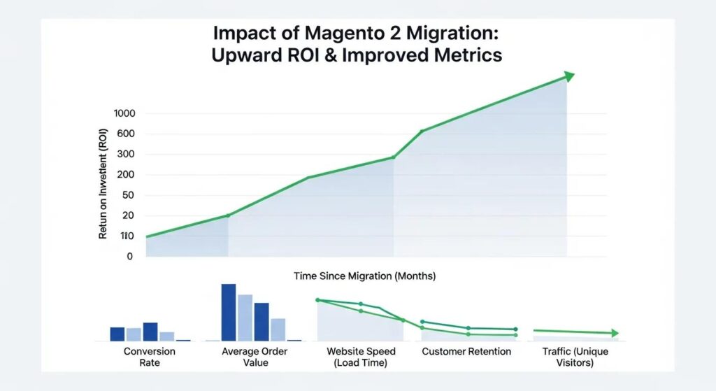 Chart showing upward ROI and improved metrics after Magento 2 migration
