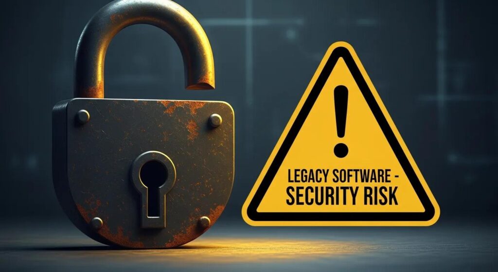 Graphic showing an outdated lock and warning sign to represent security risks of legacy software